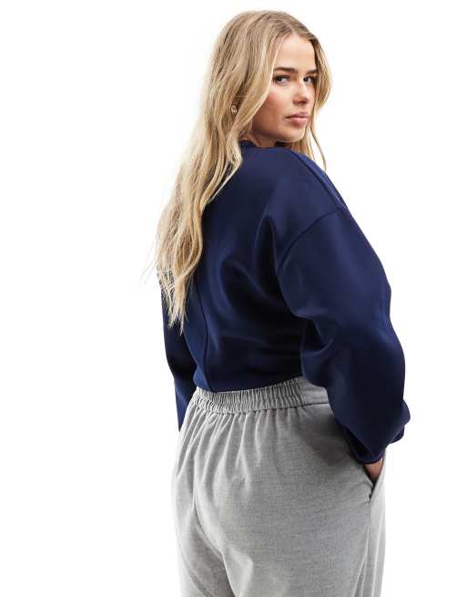 ASOS DESIGN curve scuba-style fabric crew neck long sleeve body in navy blue, 3 of 4
