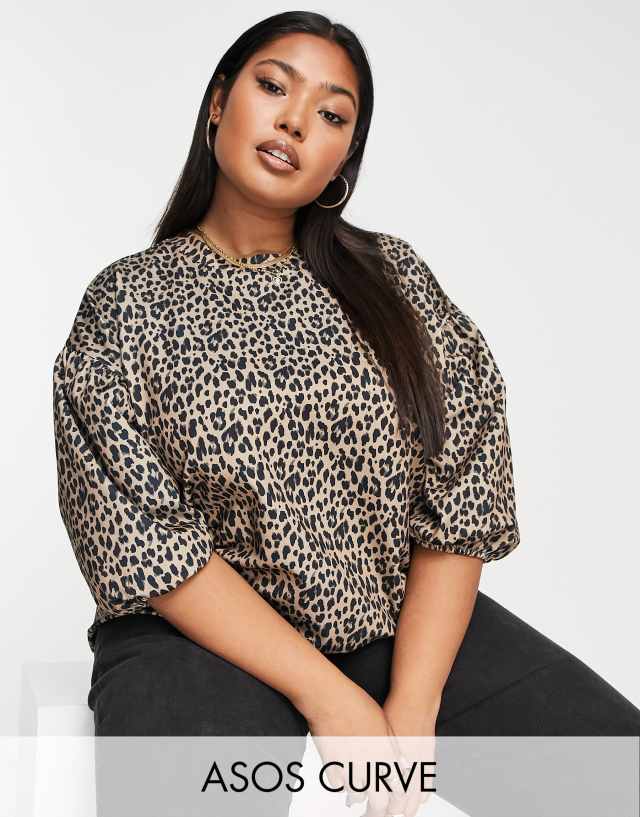 ASOS DESIGN Curve scuba top with balloon sleeve in leopard print