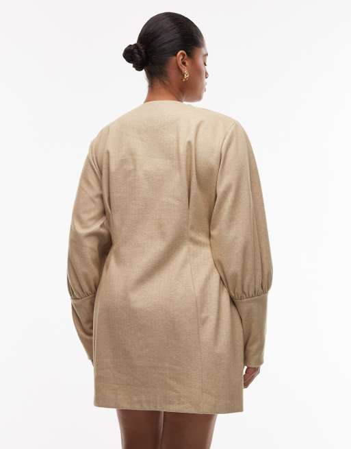 ASOS DESIGN Curve sculpted puff sleeve blazer mini dress in stone, 2 of 4