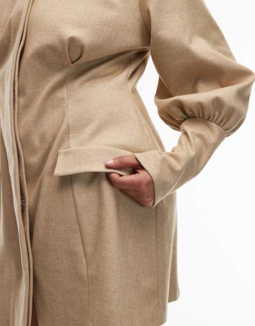 ASOS DESIGN Curve sculpted puff sleeve blazer mini dress in stone, 3 of 4