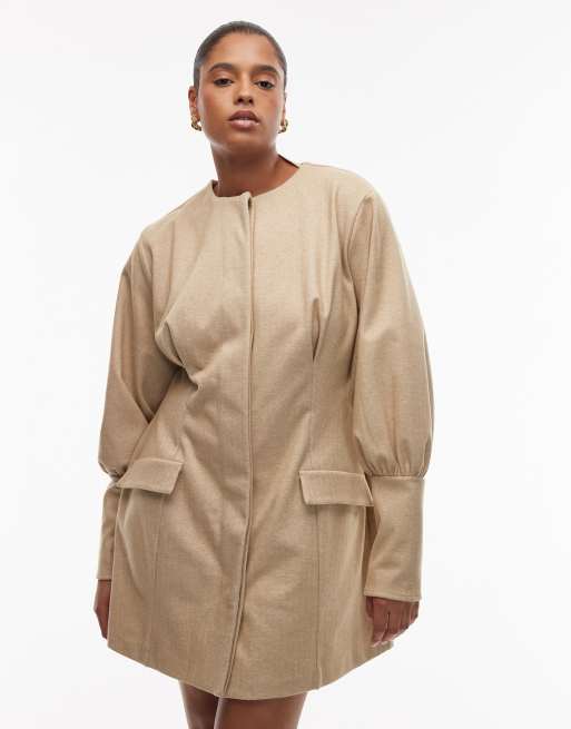 ASOS DESIGN Curve sculpted puff sleeve blazer mini dress in stone, 4 of 4