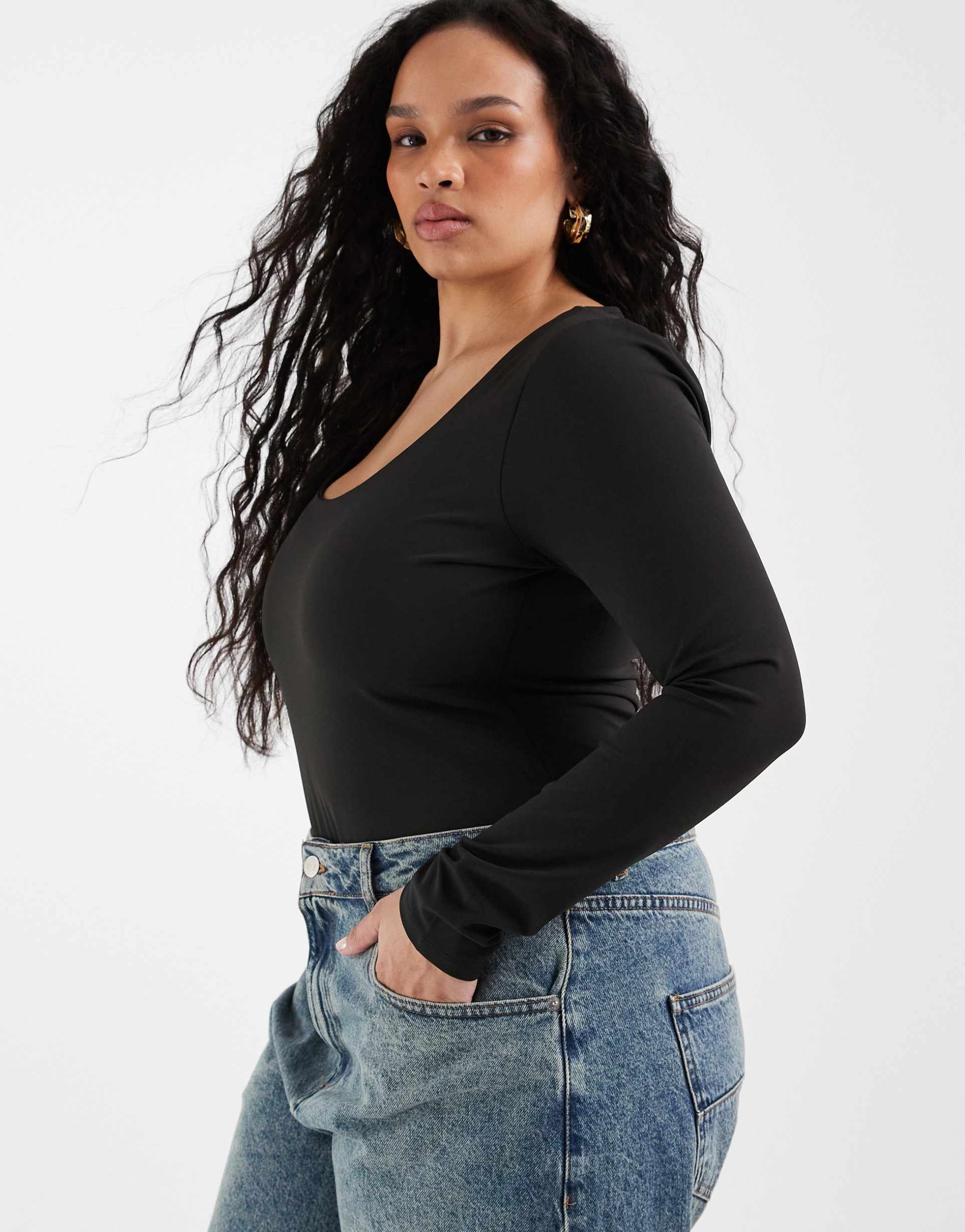 asos design curve sculpting scoop neck long sleeve bodysuit in black