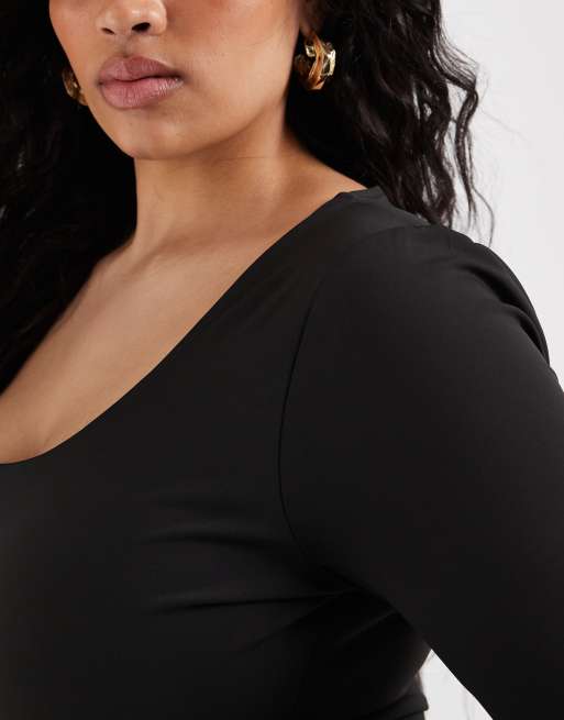 ASOS DESIGN Curve sculpting scoop neck long sleeve bodysuit in black, 3 of 4