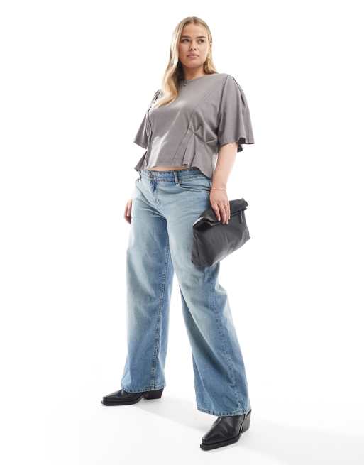 ASOS DESIGN Curve seam detail short sleeve corset waist T-shirt in washed gray
