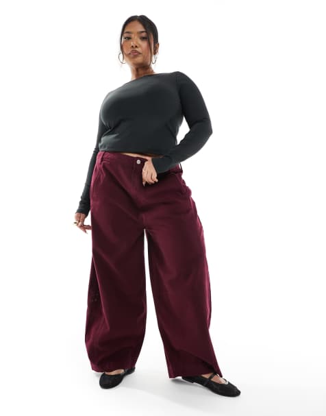 ASOS DESIGN Curve seamed barrel leg pants in dark cherry - view 1