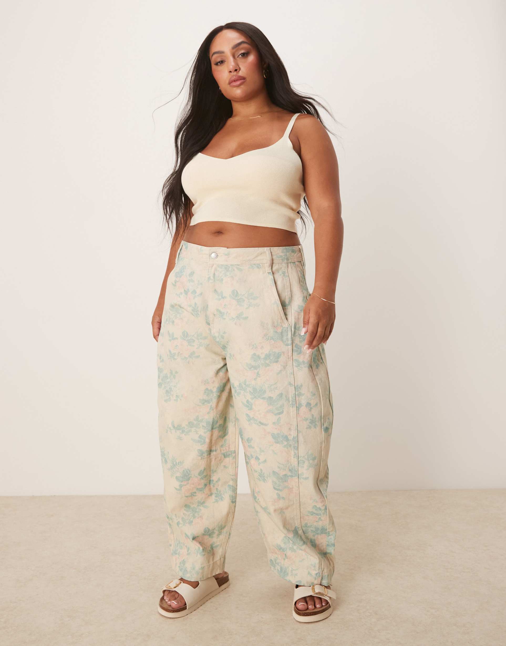 asos design curve seamed barrel pants in vintage floral print