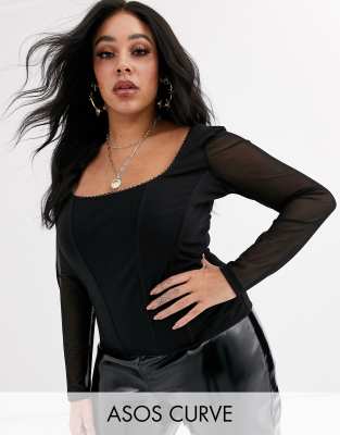 Curves Black Mesh Square Neck Long Sleeve Corset Top