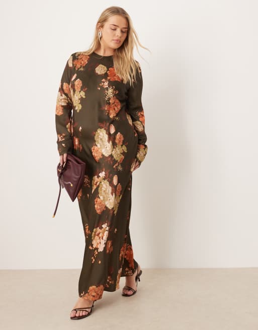 ASOS DESIGN Curve seamed matt satin slip maxi dress in brown floral print