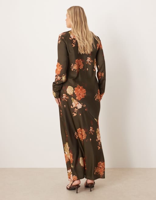 ASOS DESIGN Curve seamed matt satin slip maxi dress in brown floral print