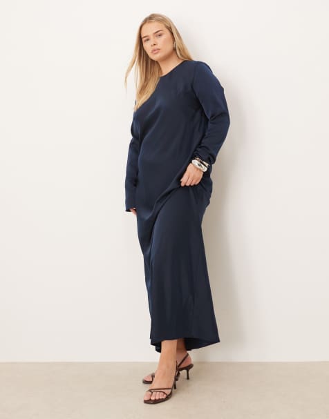 ASOS DESIGN Curve seamed matt satin slip maxi dress in deep navy - view 1