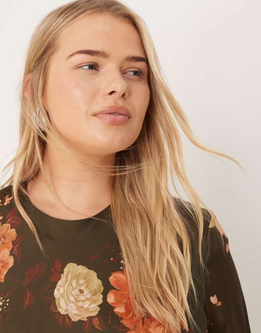 ASOS DESIGN Curve seamed matt satin slip maxi dress in brown floral print