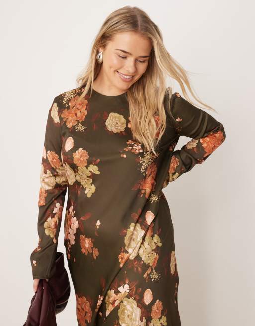 ASOS DESIGN Curve seamed matt satin slip maxi dress in brown floral print