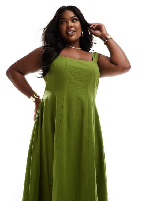 ASOS DESIGN Curve seamed maxi tennis sundress in khaki, 2 of 4