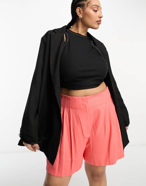 ASOS DESIGN Curve seamed waist shorts with linen in coral