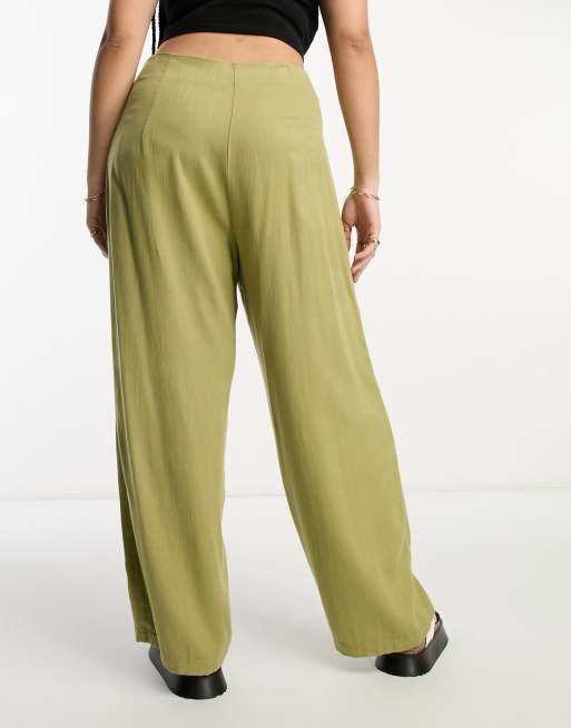 ASOS DESIGN Curve seamed waist trouser with linen in olive, 4 of 4