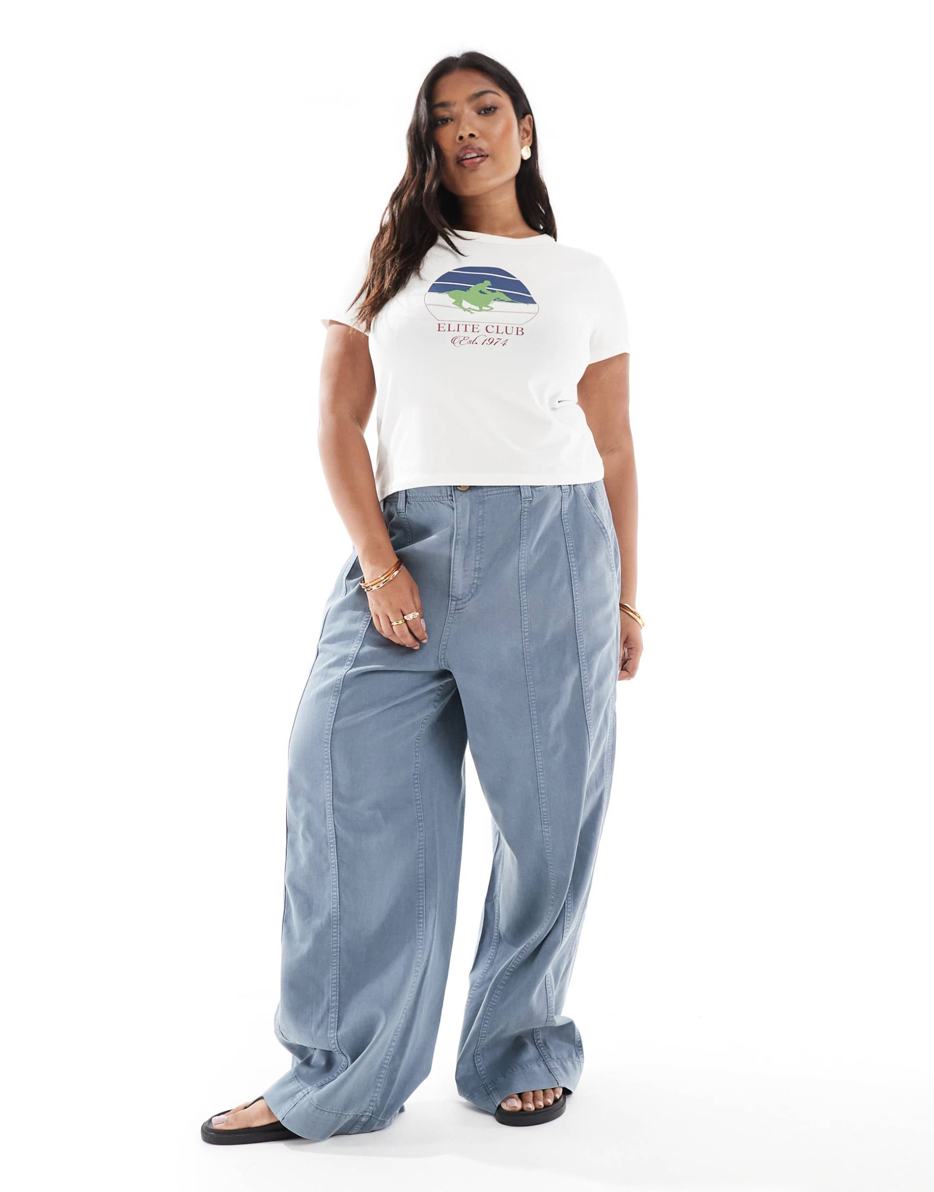 asos design curve seamed wide leg pants in washed blue