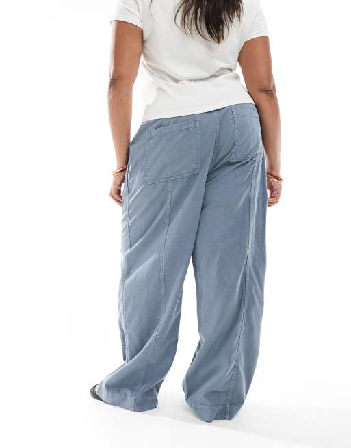 ASOS DESIGN Curve seamed wide leg pants in washed blue, 4 of 5