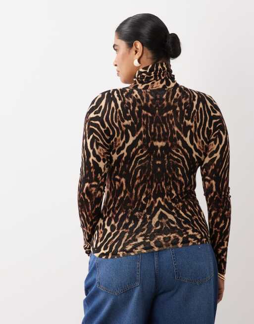 ASOS DESIGN Curve second skin gennemsigtig strik med rullekrave og leopardprint, 4 af 4