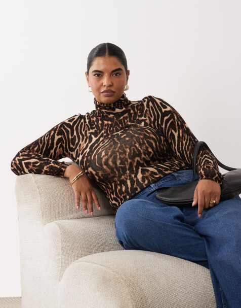 ASOS DESIGN Curve second skin sheer knit roll neck in leopard - view 1