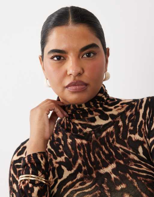 ASOS DESIGN Curve second skin sheer knit roll neck in leopard, 2 of 4