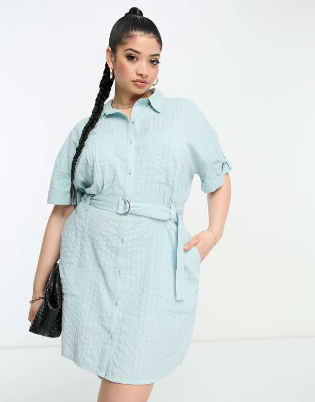 ASOS Curve - ASOS DESIGN Curve seersucker d ring belted shirt mini dress in blue