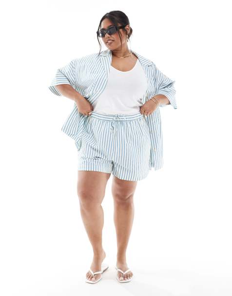 ASOS DESIGN Curve seersucker pull on boxer shorts co-ord in blue stripe - view 1