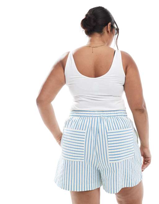 ASOS DESIGN Curve seersucker pull on boxer shorts co-ord in blue stripe, 4 of 4