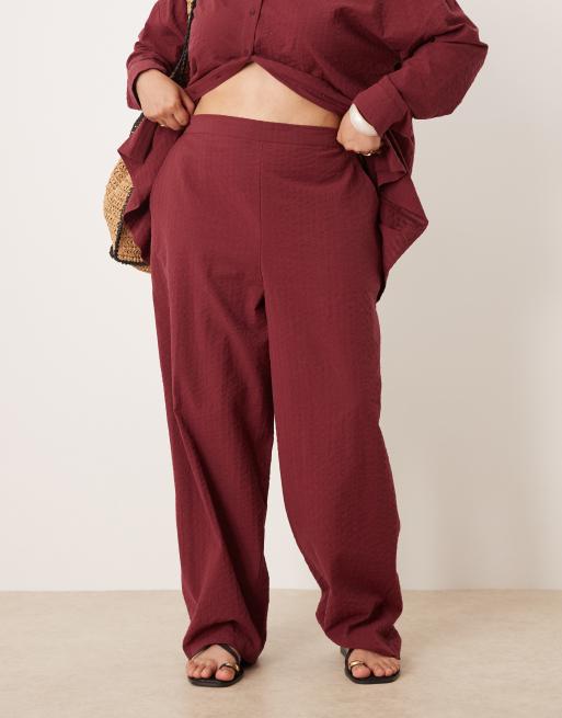 ASOS DESIGN Curve seersucker relaxed pull on pants in burgundy - part of a set, 2 of 4