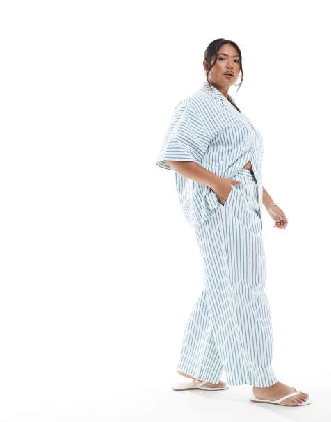 ASOS DESIGN Curve seersucker shirt with boxer shorts and barrel leg trousers co-ord in blue stripe - view 1