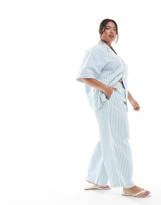 ASOS DESIGN Curve seersucker shirt with boxer shorts and barrel leg trousers co-ord in blue stripe