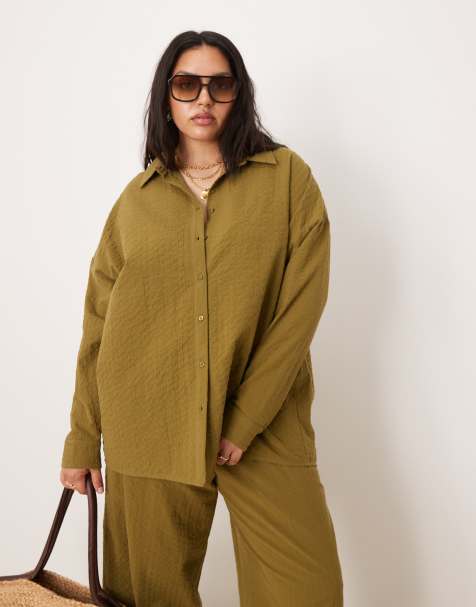 ASOS DESIGN Curve seersucker wrap back striped shirt in olive - part of a set - view 1