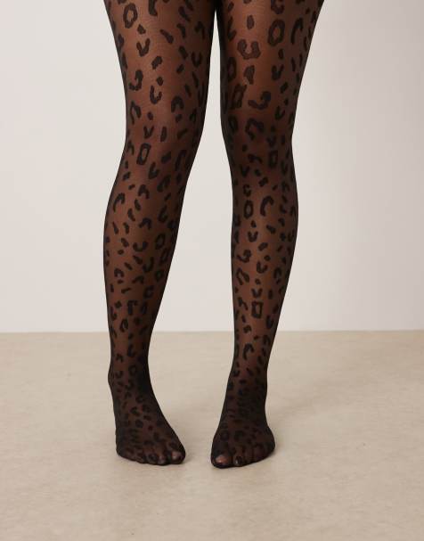 ASOS DESIGN Curve – Sehr elastische Strickstrumpfhose in Schwarz mit Leopardenmuster - view 1