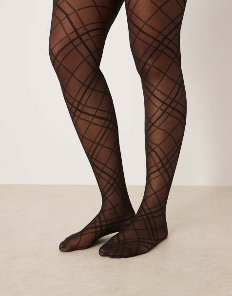ASOS DESIGN Curve – Sehr elastische Strickstrumpfhose in Schwarz mit Rautenmuster - view 1
