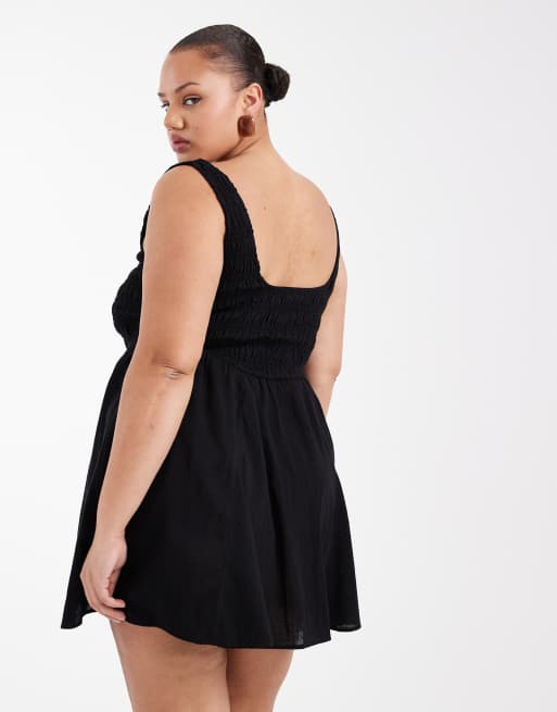 ASOS DESIGN Curve Selina beach textured cotton shirred mini sundress in black, 4 of 4