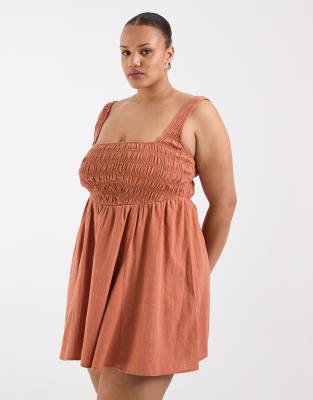 ASOS DESIGN Curve Selina beach textured cotton shirred mini sundress in ginger