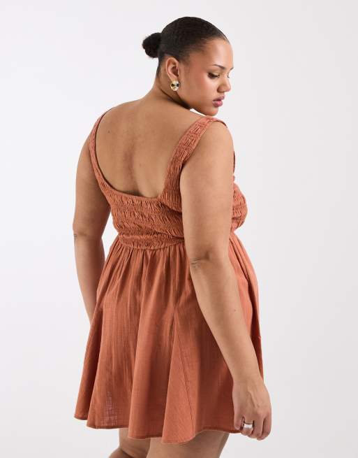 ASOS DESIGN Curve Selina beach textured cotton shirred mini sundress in ginger, 2 of 4