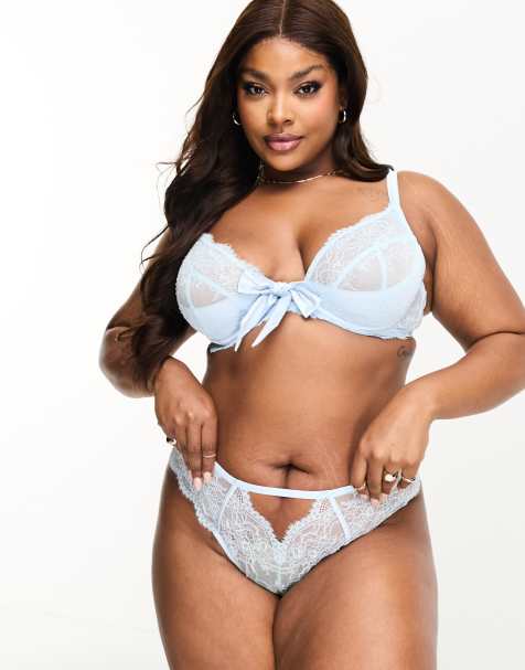 ASOS DESIGN Curve – Selina – Blå brazilian-trosor i satin med rosett - view 1