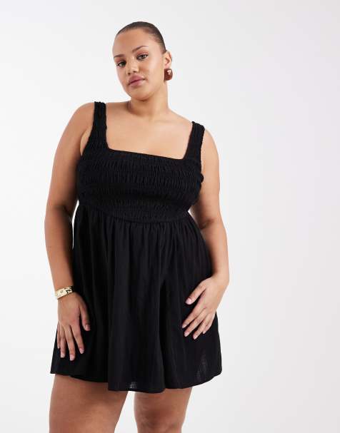 ASOS DESIGN Curve Selina beach textured cotton shirred mini sundress in black