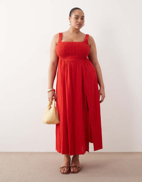 ASOS DESIGN Curve – Selina – Exklusives gesmoktes langes Sommerstrandkleid aus strukturierter Baumwolle in Rot - view 1