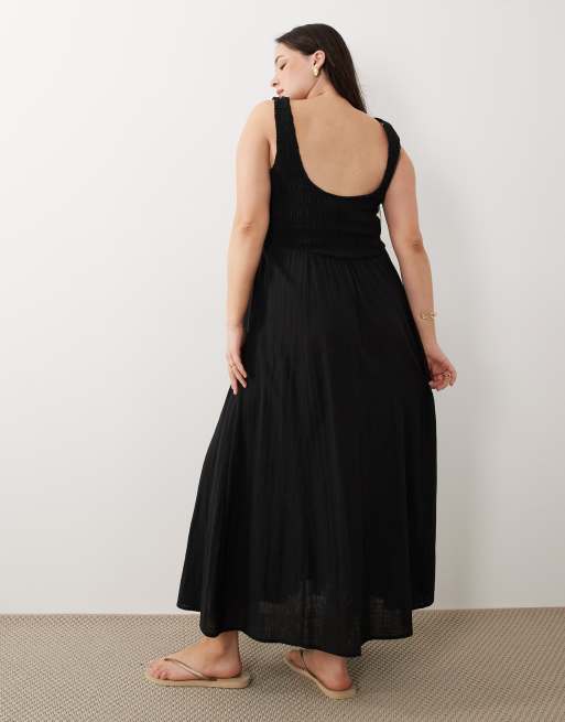 ASOS DESIGN Curve - Selina - Sort sundress til stranden i maxilængde i bomuld med tekstur og rynker , 4 af 4