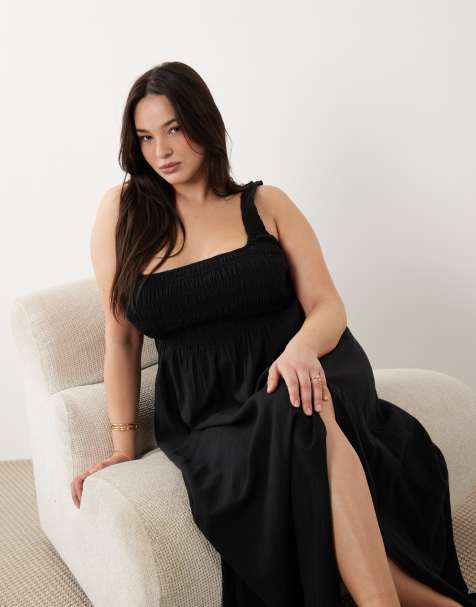 ASOS DESIGN Curve – Selina – Svart, smockad strandklänning i maxilängd och texturerad bomull - view 1