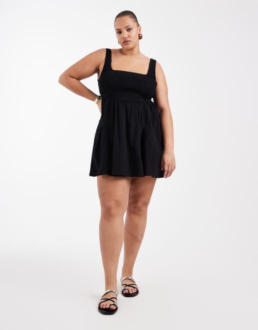 ASOS DESIGN Curve Selina textured cotton shirred beach mini sundress in black, 2 of 4
