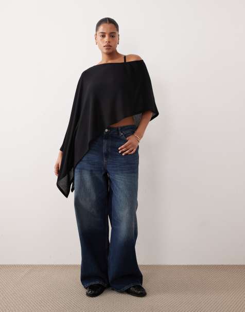 ASOS DESIGN Curve semi sheer knit-look asymmetric one shoulder cape in black - view 1