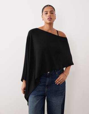 Asos Curve Asos Design Curve Semi Sheer Knit-look Asymmetric One Shoulder Cape In Black