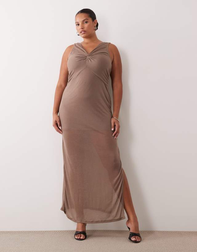 ASOS DESIGN Curve semi sheer knit look column maxi dress with twist bust detail in taupe