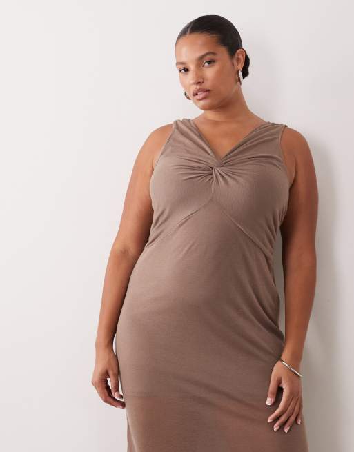 ASOS DESIGN Curve semi sheer knit look column maxi dress with twist bust detail in taupe, 2 of 4