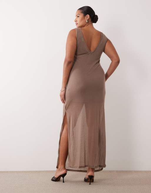 ASOS DESIGN Curve semi sheer knit look column maxi dress with twist bust detail in taupe, 3 of 4