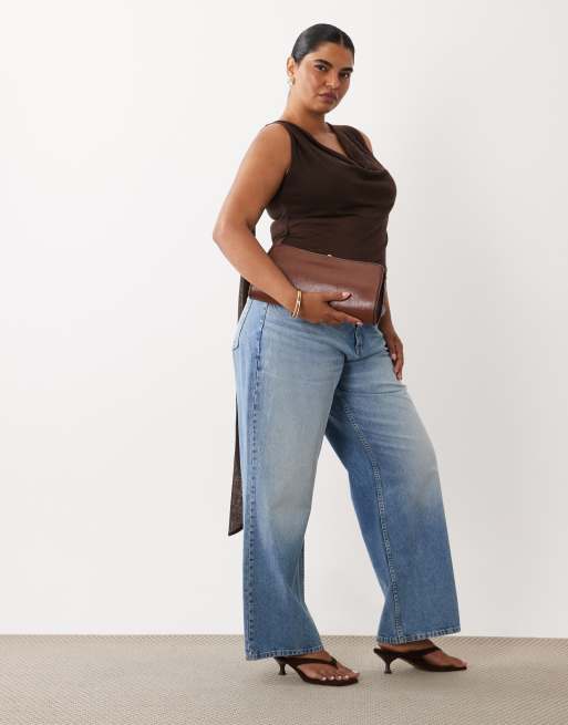 ASOS DESIGN Curve semi sheer knit look cowl scarf neck tank top in chocolate, 2 of 4