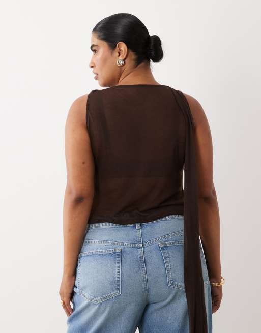 ASOS DESIGN Curve semi sheer knit look cowl scarf neck tank top in chocolate, 3 of 4