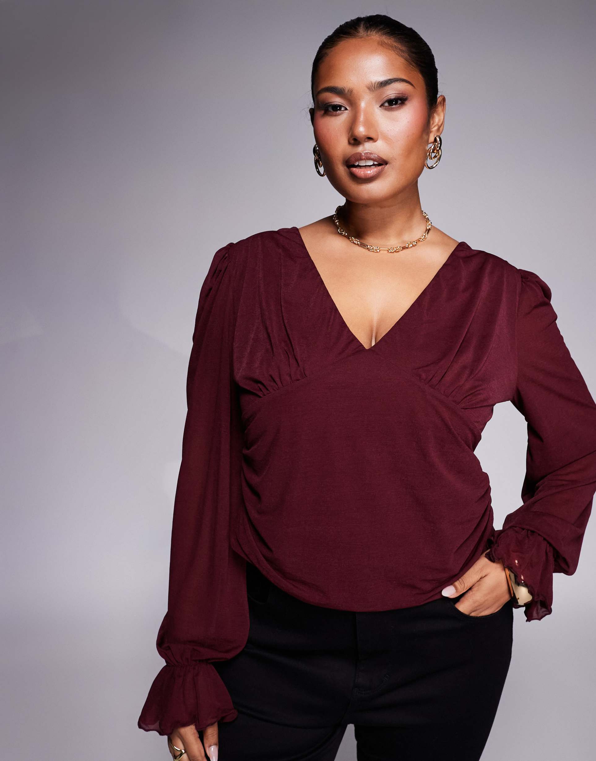 asos design curve semi sheer long sleeve v-neck top in burgundy